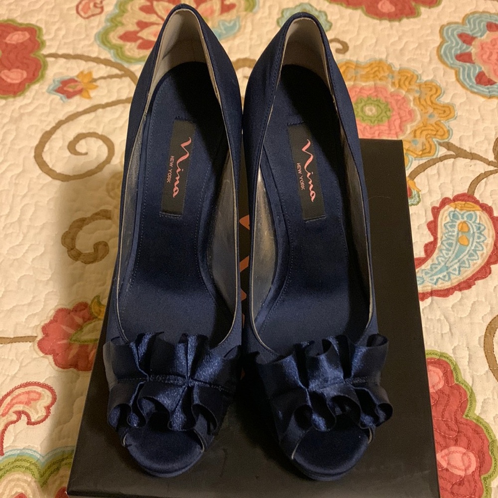 Nina Navy Blue Satin Peep-Toe Ruffle Heels